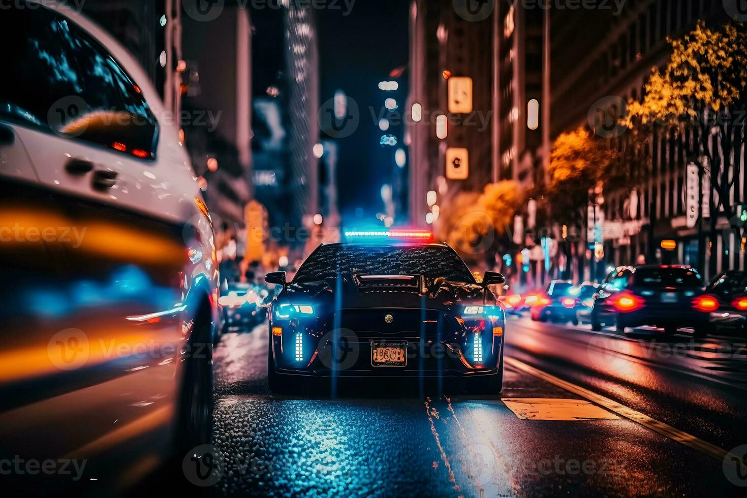 blauw licht knipperlicht boven van een Politie auto. stad lichten Aan de achtergrond. neurale netwerk ai gegenereerd foto