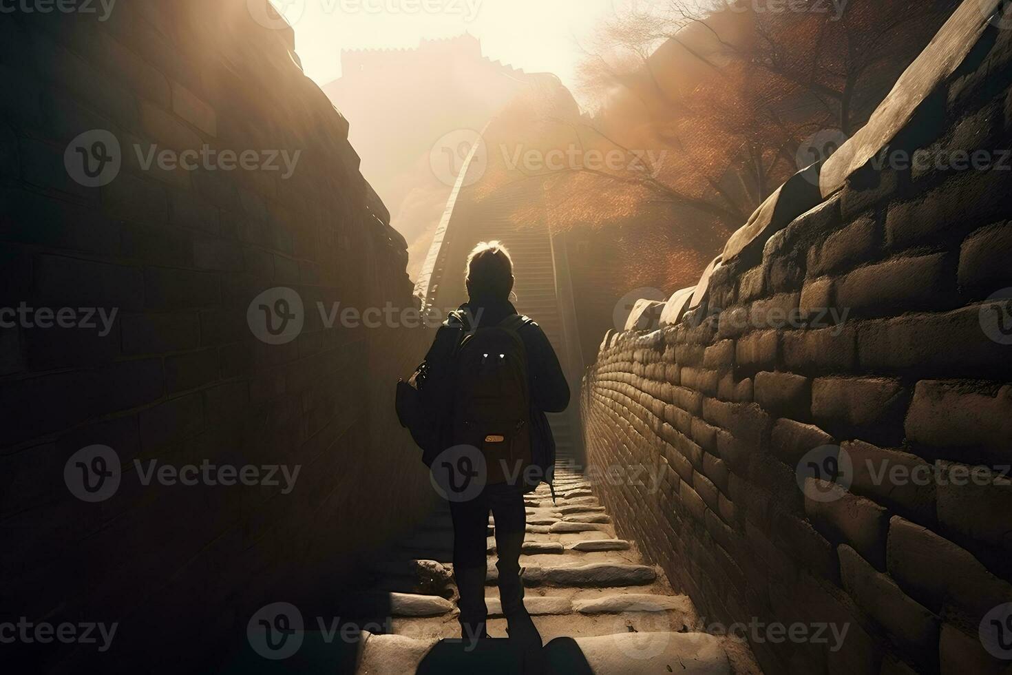 Mens toerist wandelingen langs de Super goed muur van China. neurale netwerk ai gegenereerd foto