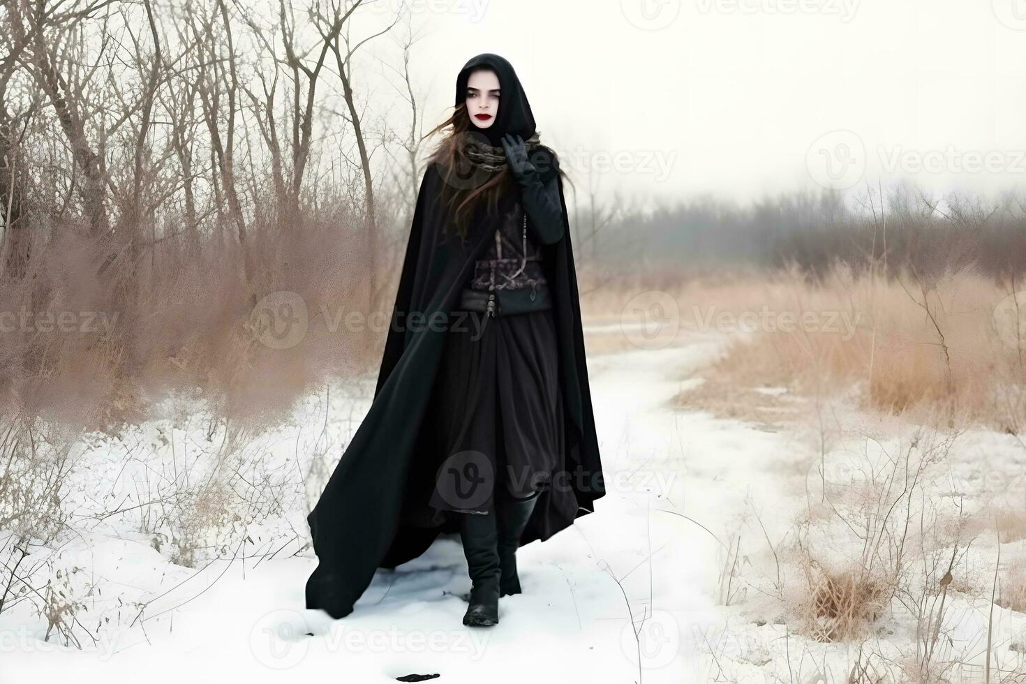 een spookachtig vrouw wandelen langs een land pad Aan een spookachtig nevelig winters dag. met een koud, blauw Bewerk. neurale netwerk ai gegenereerd foto