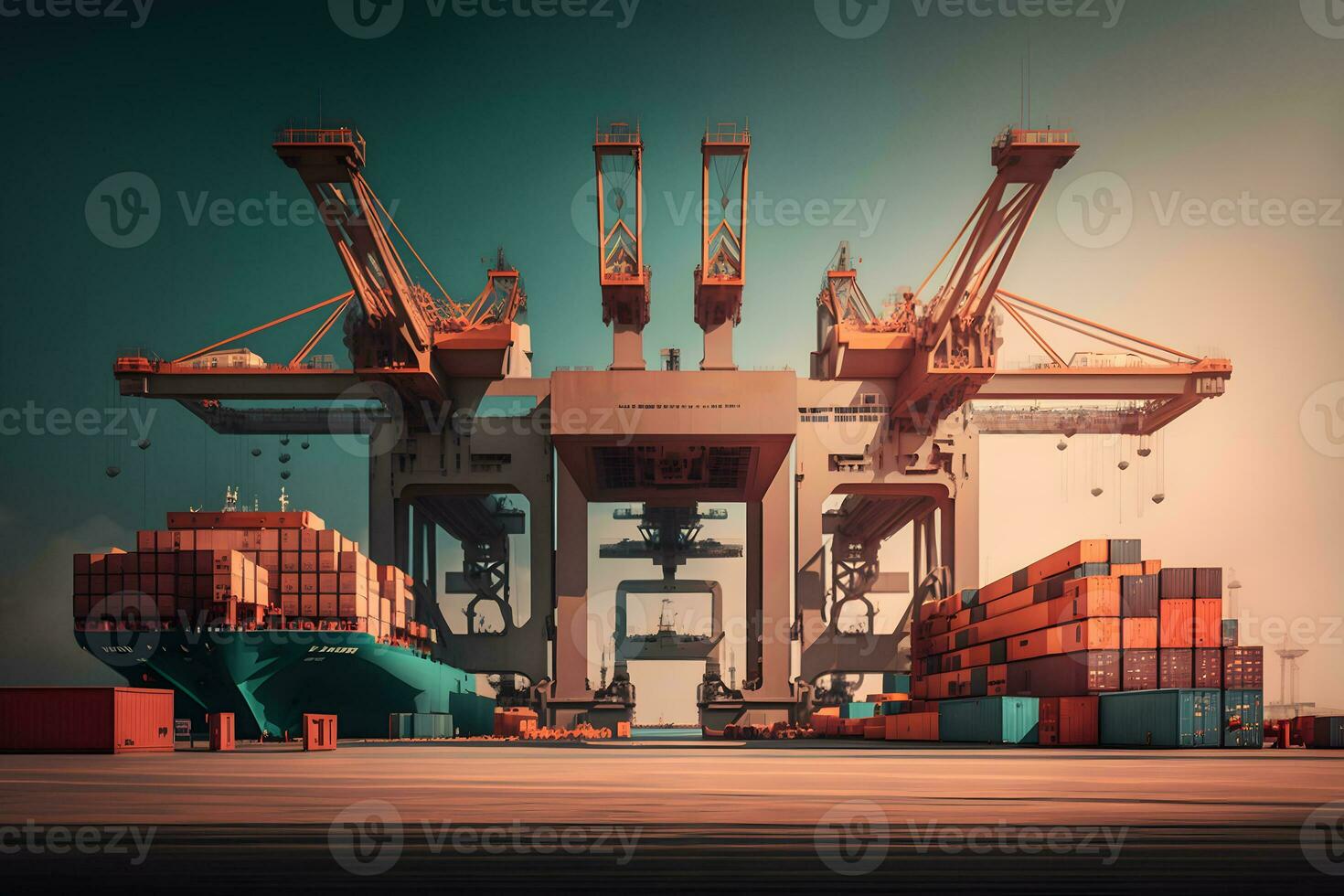 kraan bezig met laden lading houder importeren houder schip in de Internationale terminal logistiek zee haven concept vracht Verzenden. neurale netwerk gegenereerd kunst foto