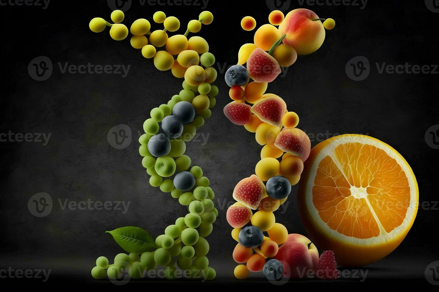 ggo voedsel en genetisch gewijzigd gewassen of ontworpen landbouw concepten fruit en groenten. neurale netwerk gegenereerd kunst foto