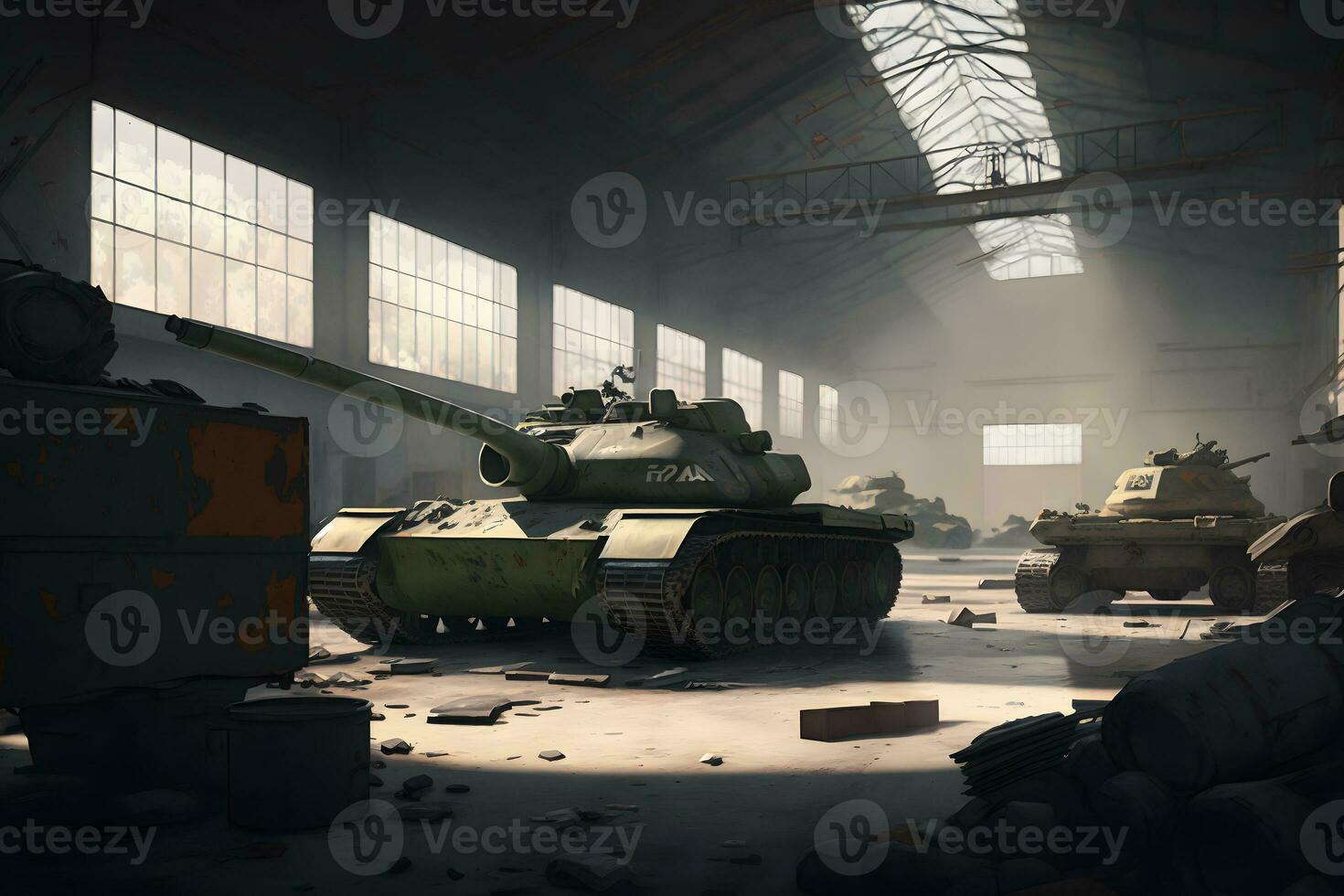 strijd tank Bij een leger baseren in een hangar, een industrieel fabriek. neurale netwerk ai gegenereerd foto