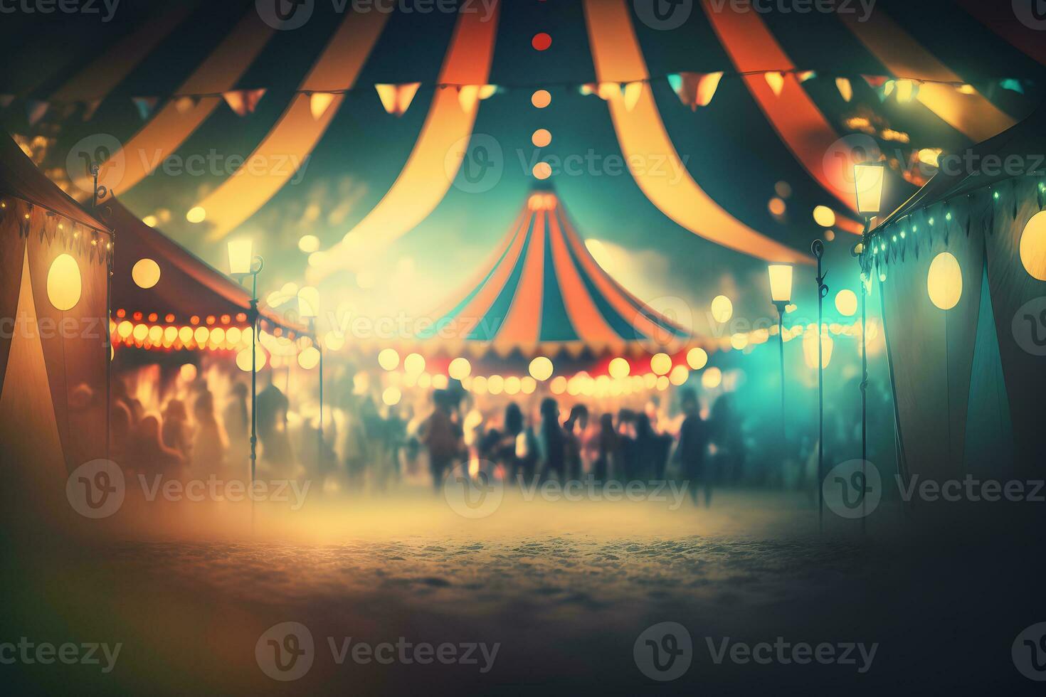 nacht visie van een circus tenten en veel licht lampen met wazig achtergrond. neurale netwerk ai gegenereerd foto