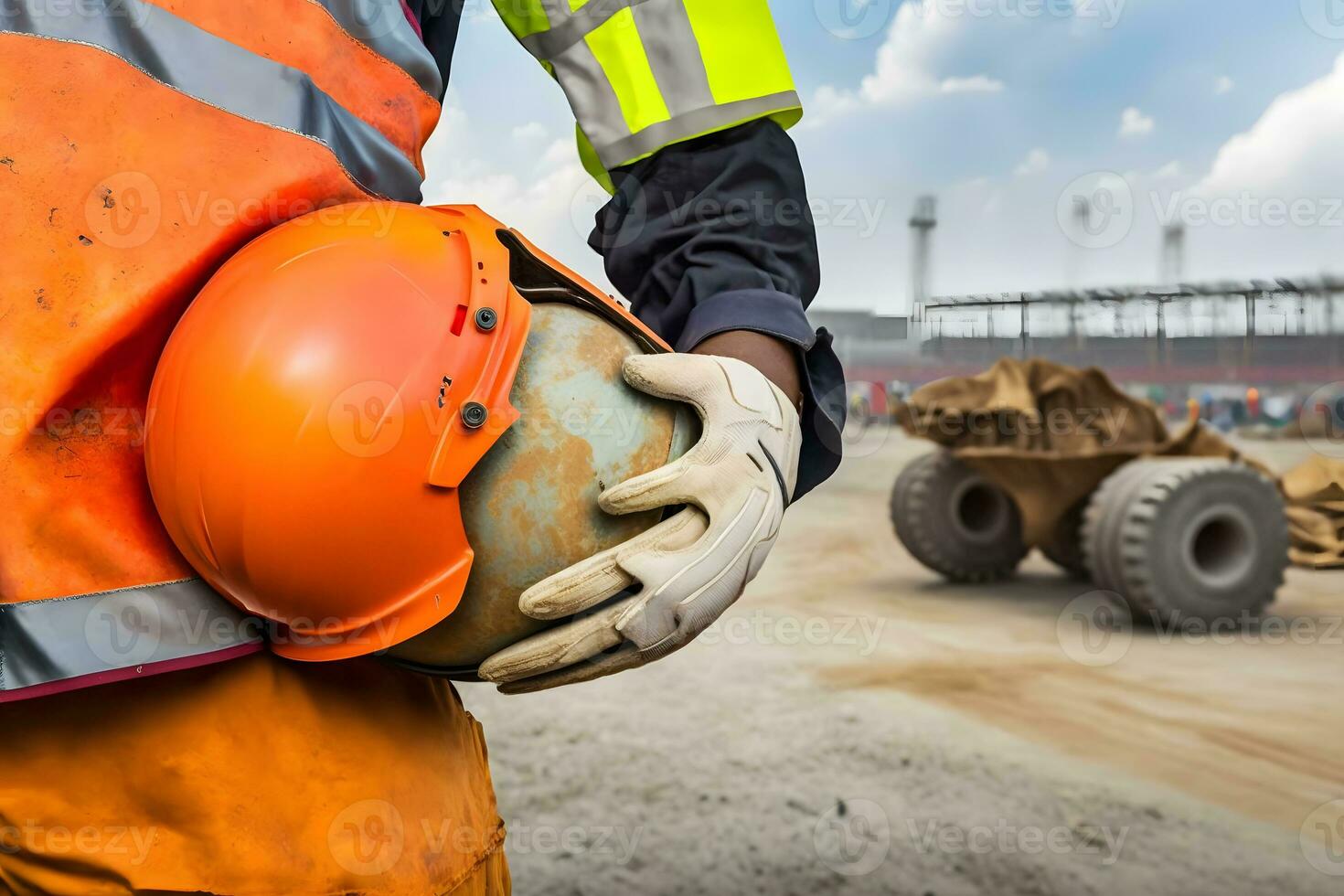 bouw arbeider Holding een veiligheid helm. neurale netwerk ai gegenereerd foto