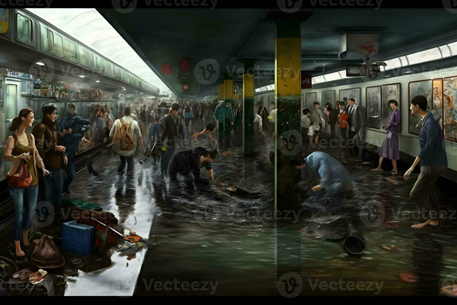 metro station gedurende een overstroming in de stad na een storm en zwaar regenen, een veel van water. neurale netwerk ai gegenereerd foto