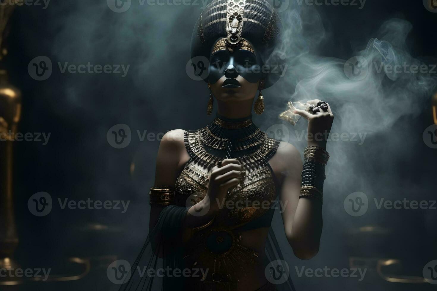 Egyptische godin Aan zwart achtergrond. neurale netwerk ai gegenereerd foto