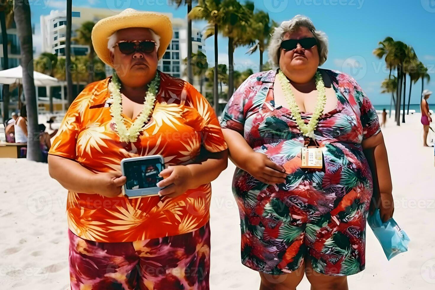 twee plus grootte te zwaar zussen Tweelingen Dames gelukkig en trots van hun lichamen wandelen Bij de strand Aan zomer vakantie. neurale netwerk ai gegenereerd foto