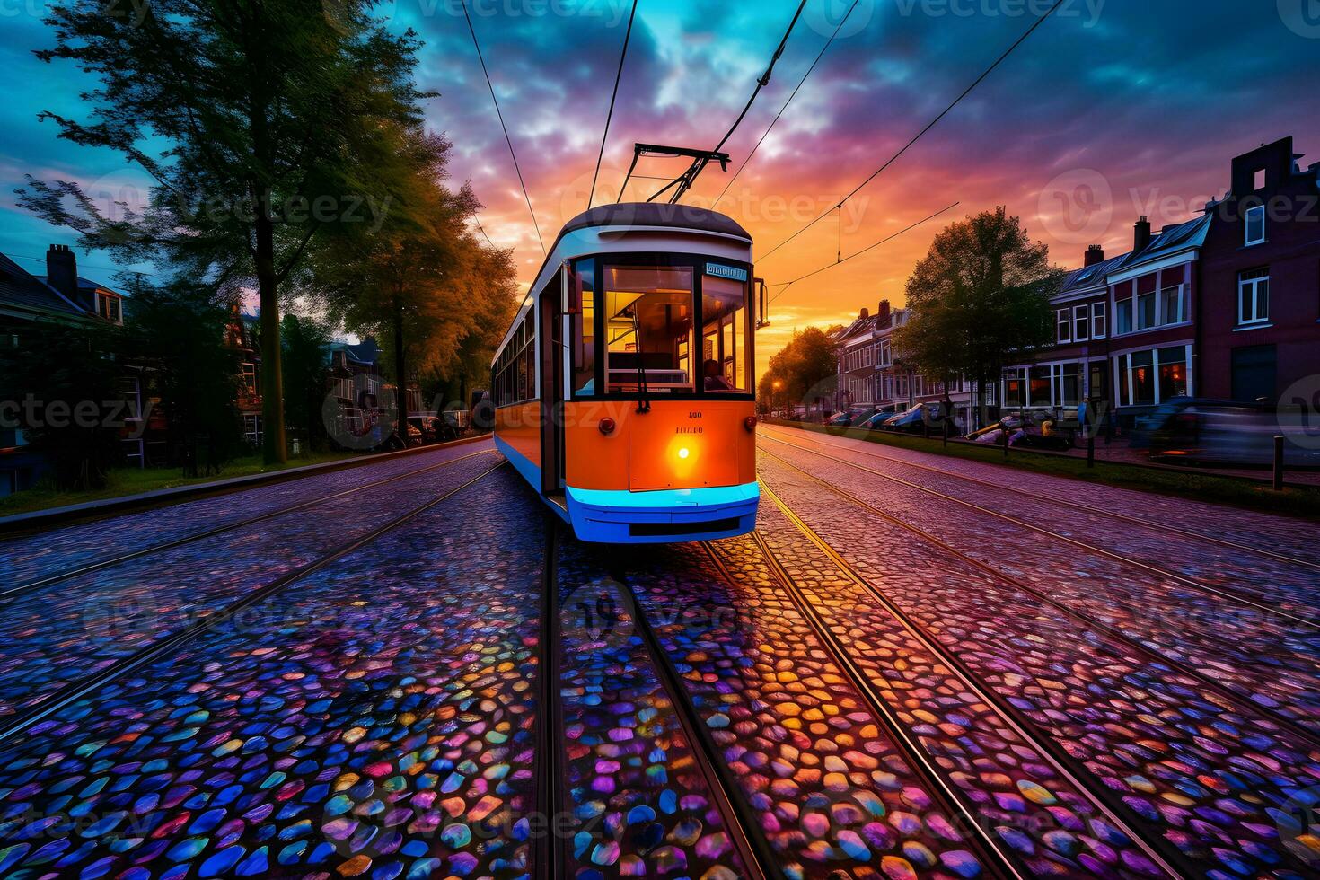 retro tram in Europese stad. neurale netwerk ai gegenereerd foto