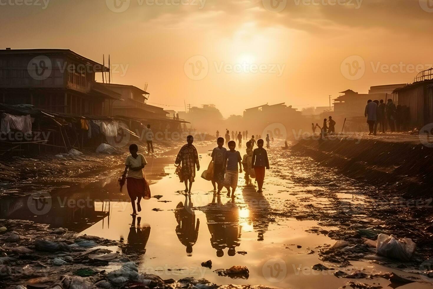aarde weg Aan de straat in Afrika, kinderen zijn wandelen. neurale netwerk ai gegenereerd foto