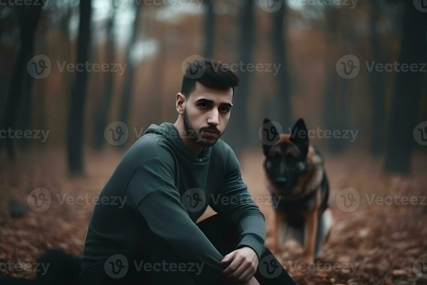 Mens wandelen met zijn hond vriend. neurale netwerk ai gegenereerd foto