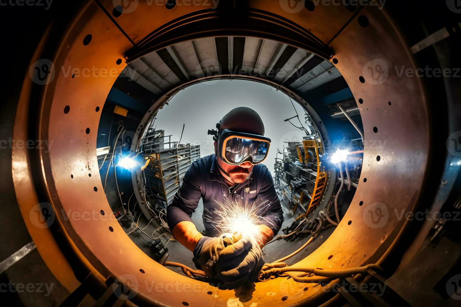 lasser werken met industrieel automotive een deel in metaal fabriek. neurale netwerk gegenereerd kunst foto