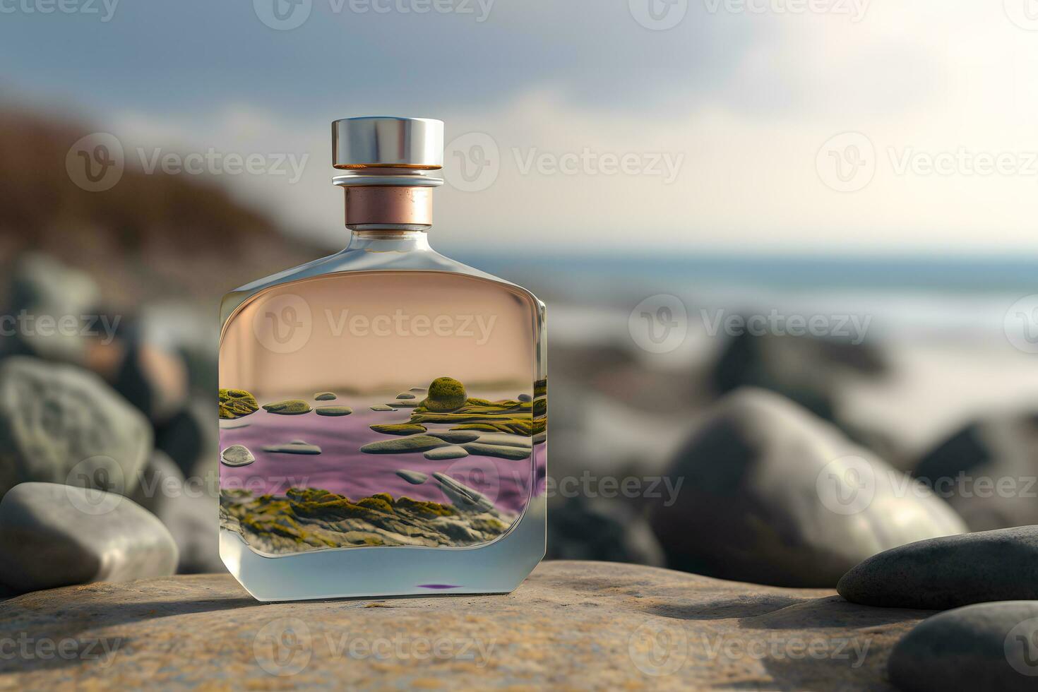 een glas fles van parfum staand Aan een zee achtergrond. neurale netwerk gegenereerd kunst foto