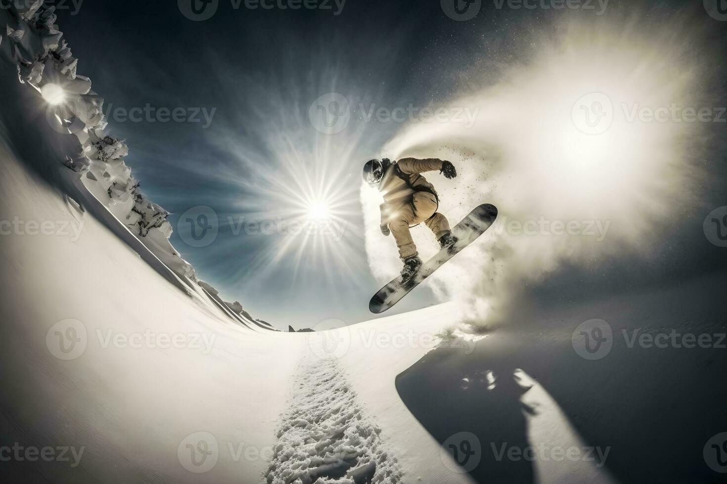 jong Mens snowboarder rennen naar beneden de helling in alpine bergen. winter sport en recreatie. neurale netwerk ai gegenereerd foto