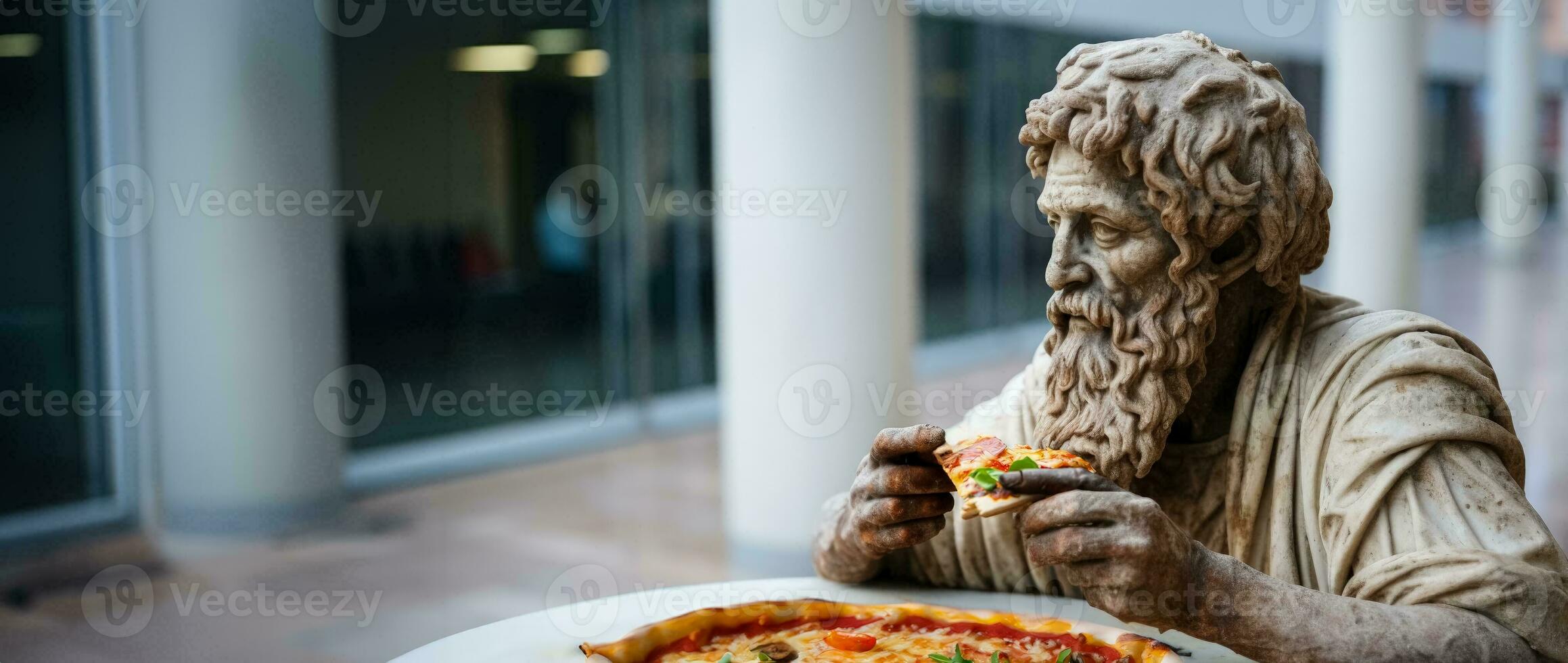 marmeren oude Mens Grieks standbeeld eet pizza in de modern stad foto