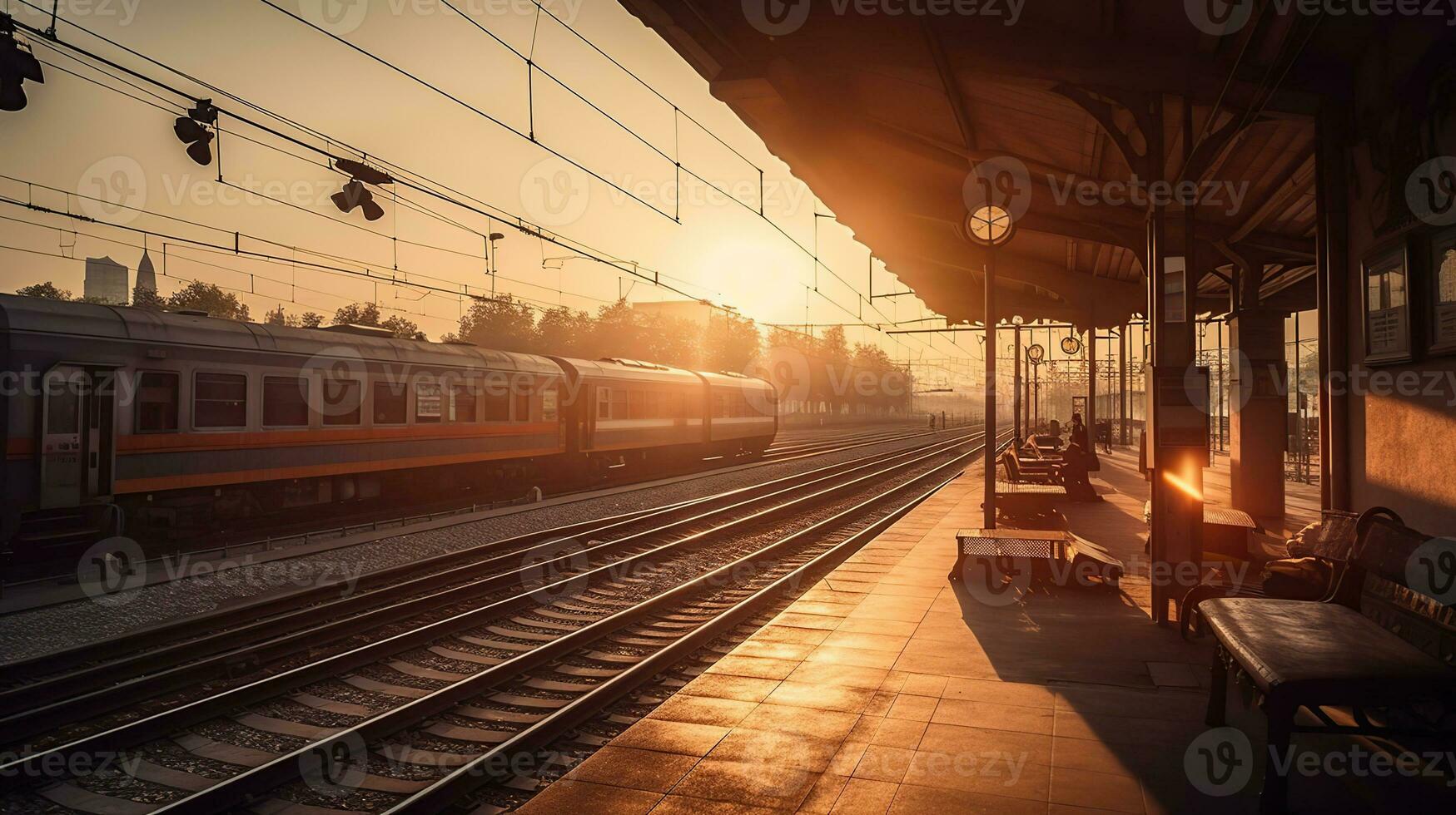 de gouden uur - een mooi trein hou op Bij zonsondergang, generatief ai foto