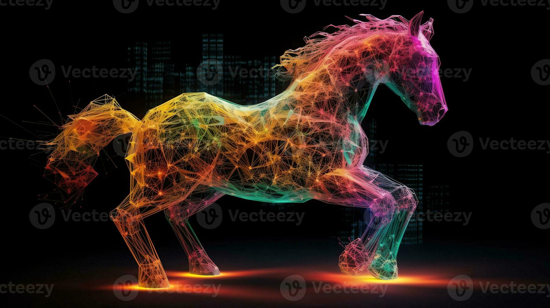 model- van een kleurrijk paard in verschillend kleuren Aan zwart achtergrond, in de stijl van gemaakt van draad, natuur geïnspireerd installaties, licht wit en oranje. generatief ai foto