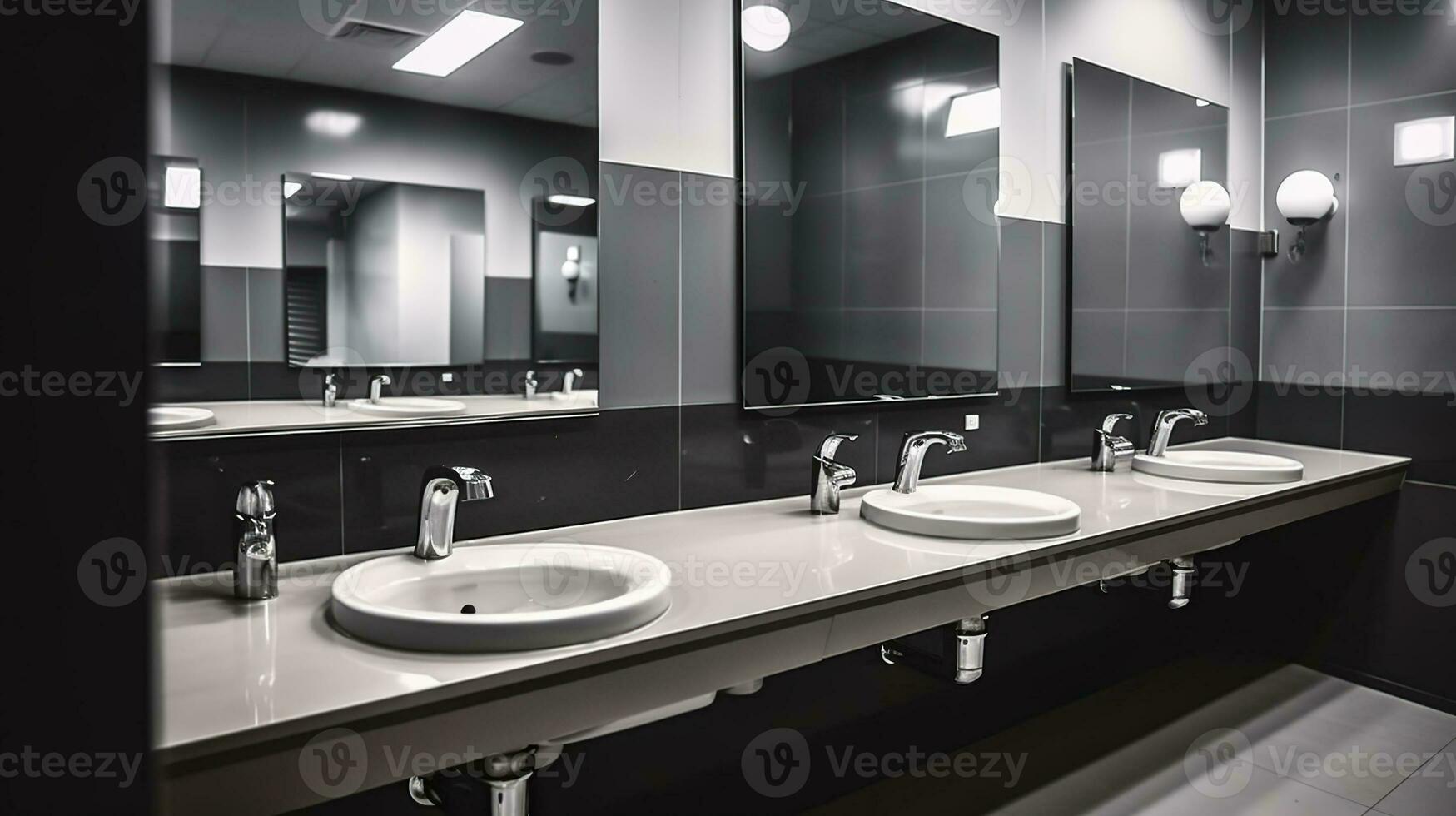 leeg badkamer openbaar toilet interieur met het wassen hand- zinkt. spiegel met hand- bekken en kraan in schoon toilet. ai generatief foto
