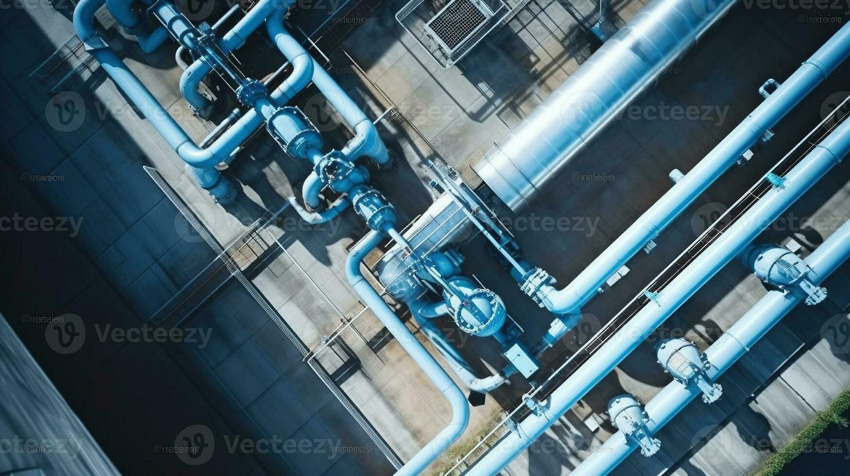 top visie van staal water leidingen structuur met circulatie pompen en kleppen in industrieel gebouw, generatief ai foto