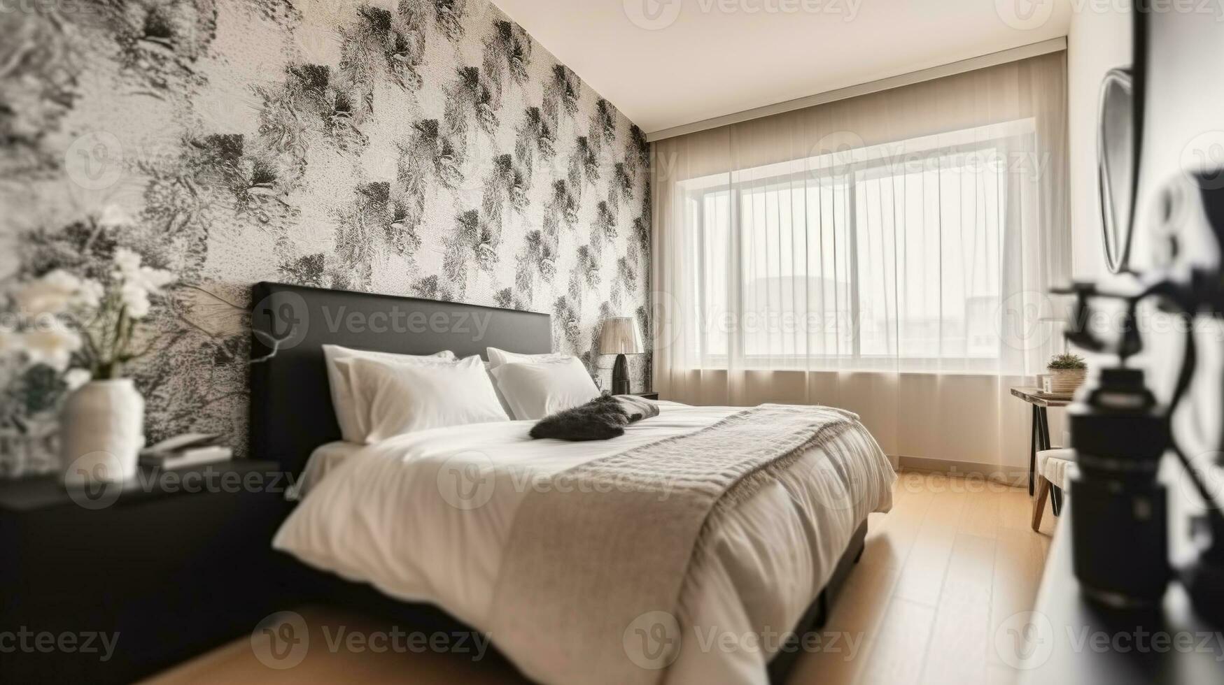 comfortabel bed met wit deken en kussens geplaatst in de buurt muur met TV in elegant slaapkamer met venster, generatief ai foto