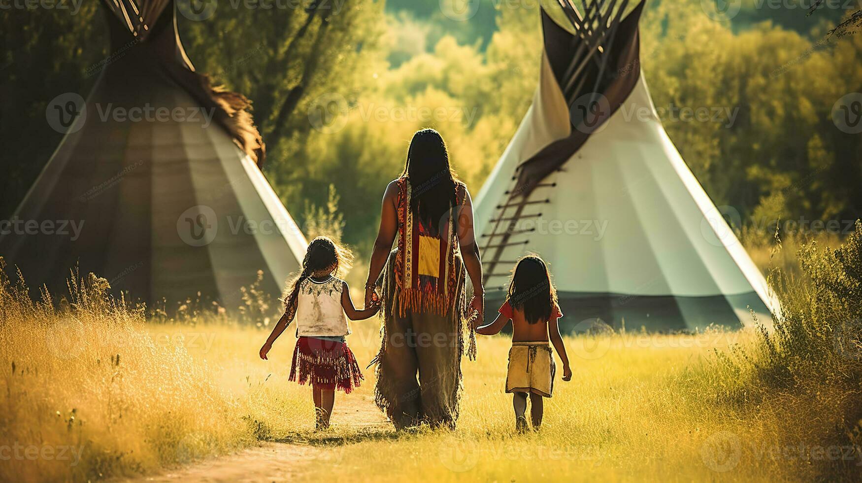 inheems Amerikaans Indisch vrouw wandelen met kinderen richting tipi. generatief ai foto