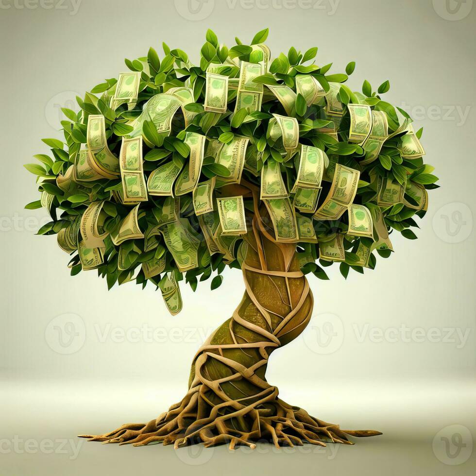 een boom met geld drijvend in de water generatief ai foto