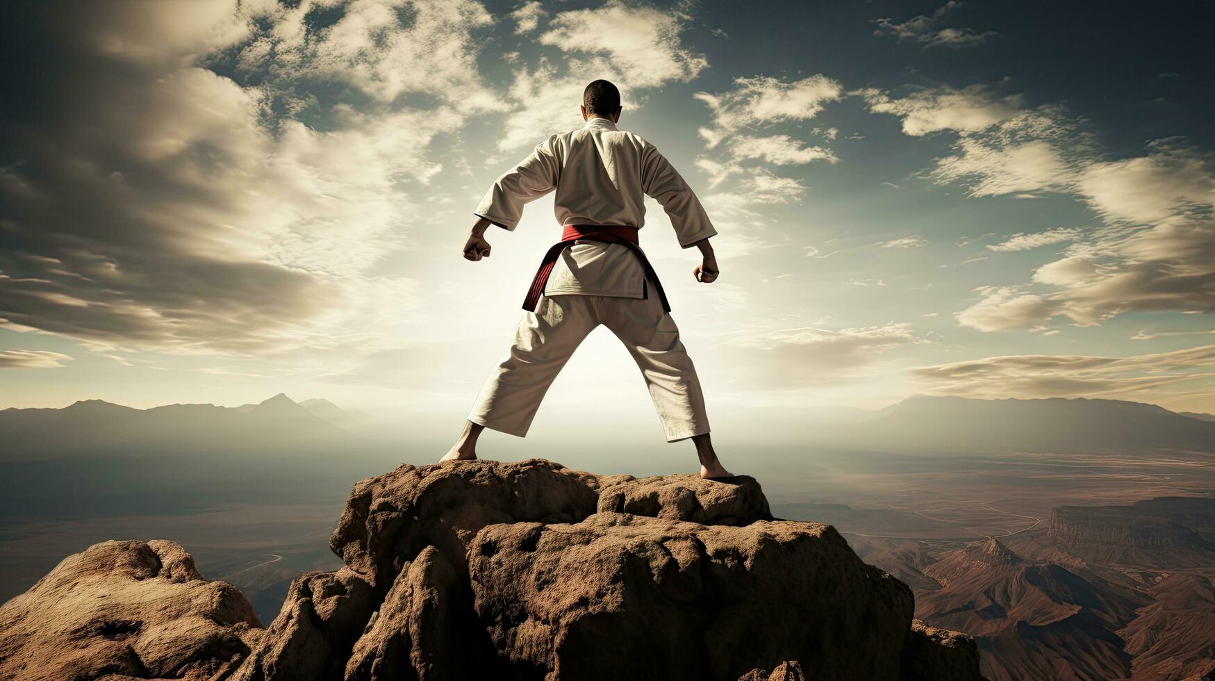 geïsoleerd wit karate vechter in wit uniform staand in de midden- van een klif foto