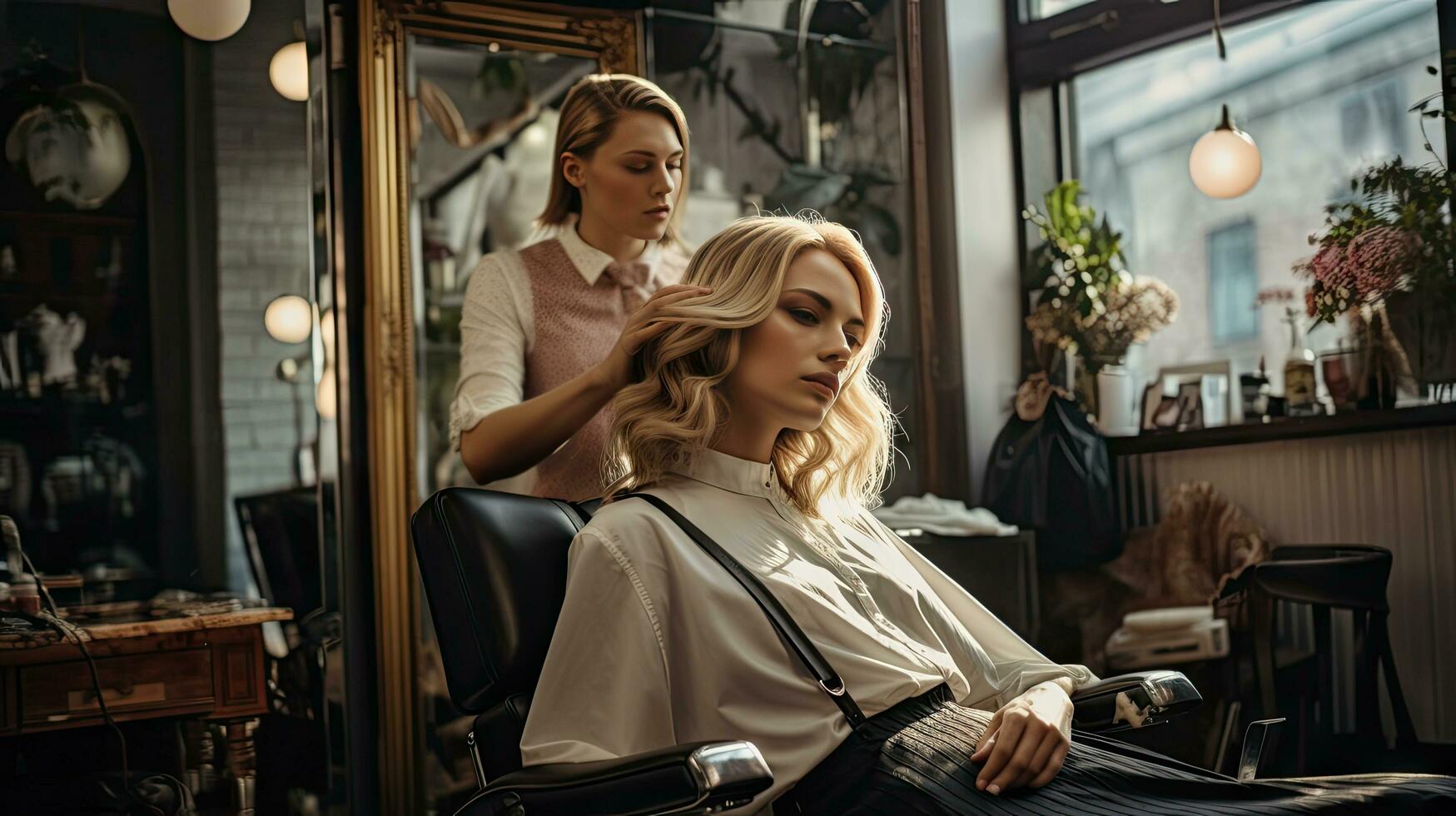 schoonheid salon, vrouw kapper aan het doen kapsel voor jong vrouw, brunette model- in haar- salon foto