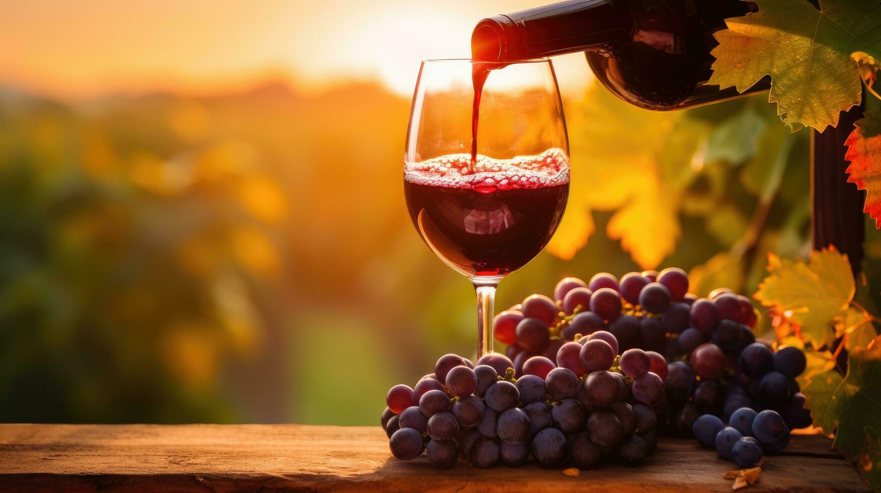 gieten rood wijn in een glas. in de wijngaard, Frans rood wijn foto