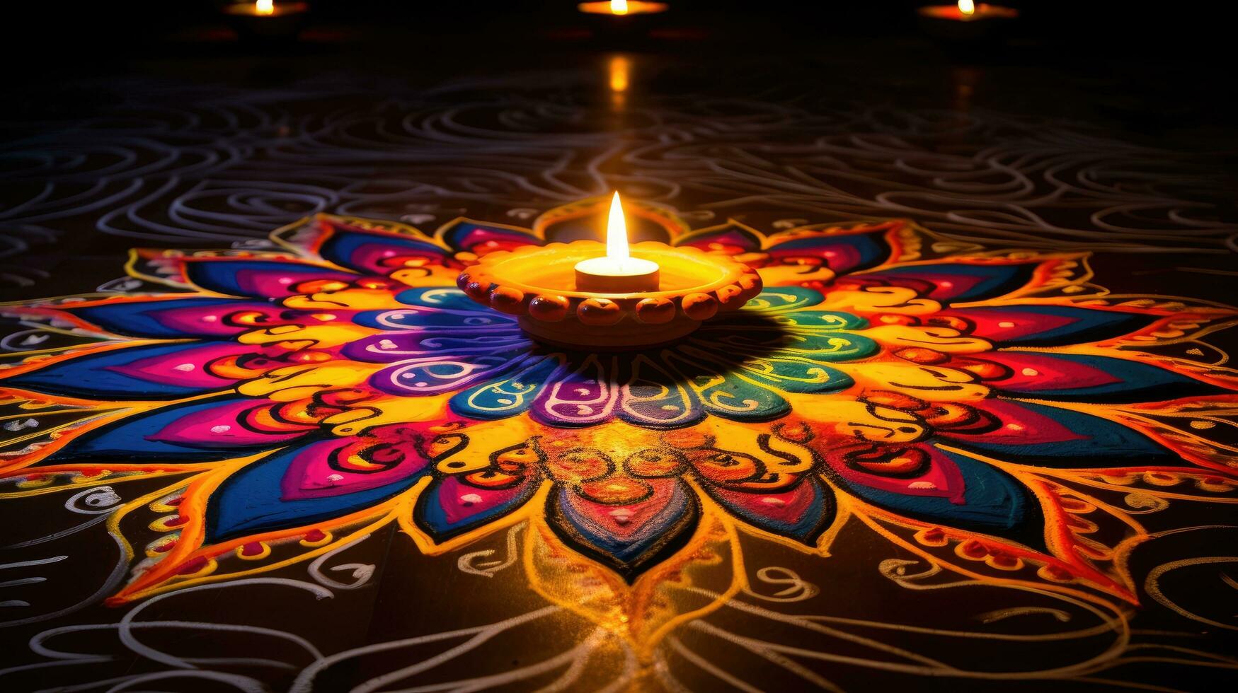 olie lampen lit Aan kleurrijk rangoli gedurende diwali viering kleurrijk klei diya lampen met bloemen foto