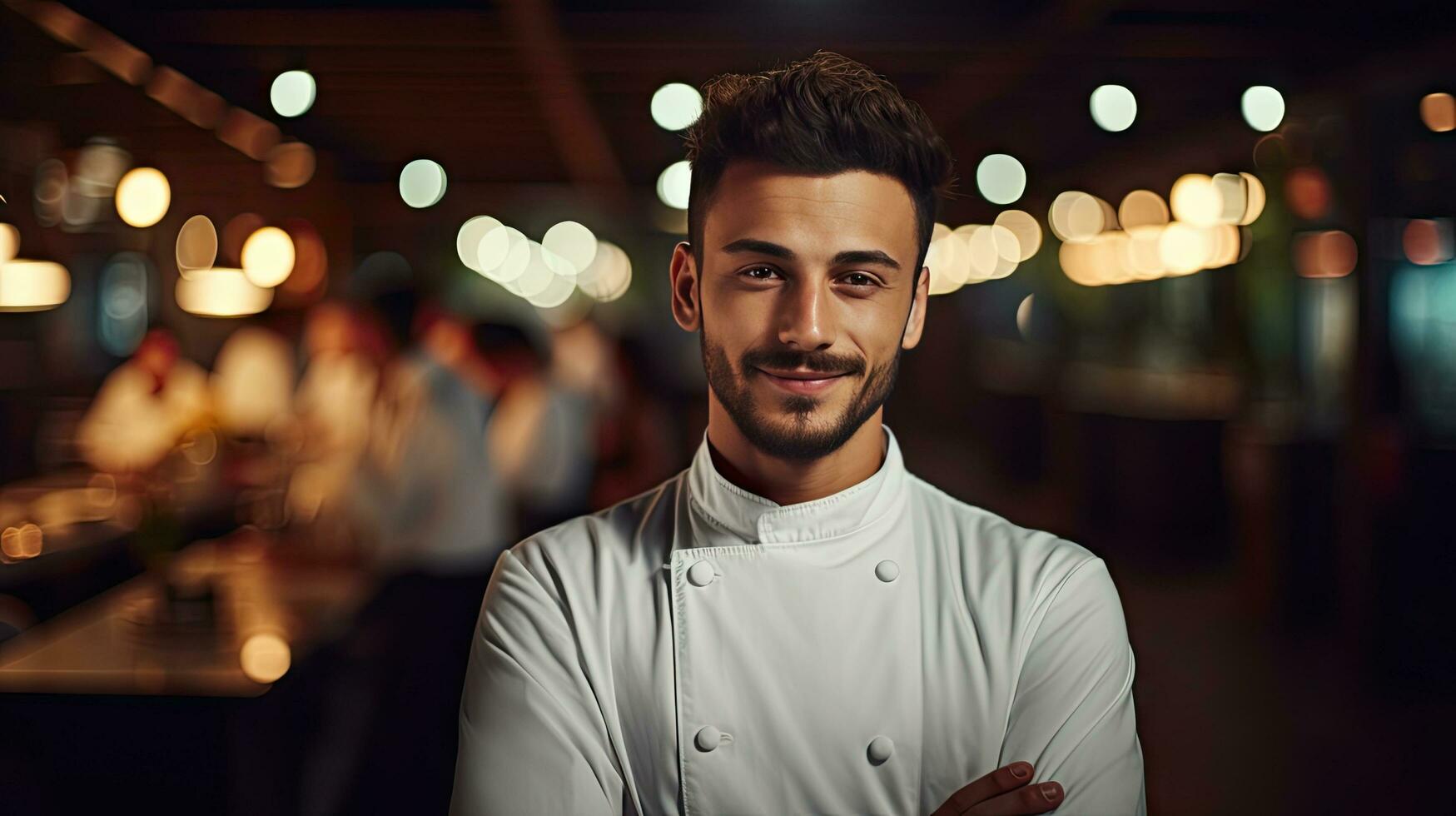 detailopname schot van glimlachen knap jong italiaans-amerikaans chef in wit uniform, staand op zoek Bij camera, achter restaurant, wazig voedsel. foto