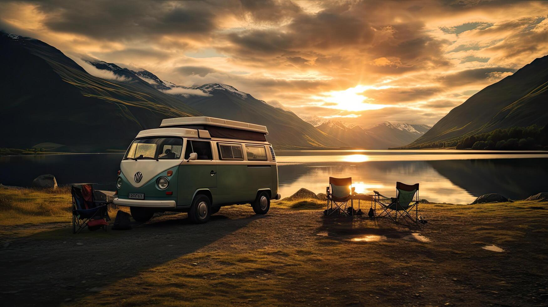 familie camping auto Gaan Aan vakantie in een camper busje, geparkeerd De volgende naar de rivier, met de bergen achter de zonsondergang. foto