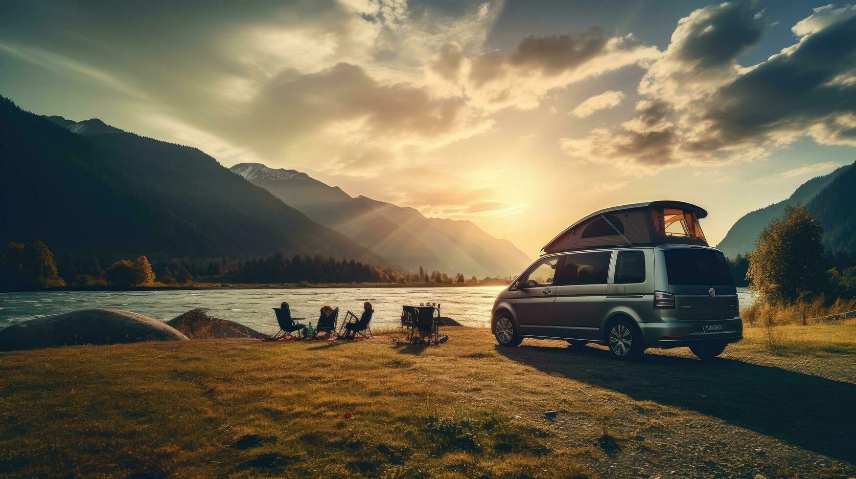 familie camping auto Gaan Aan vakantie in een camper busje, geparkeerd De volgende naar de rivier, met de bergen achter de zonsondergang. foto