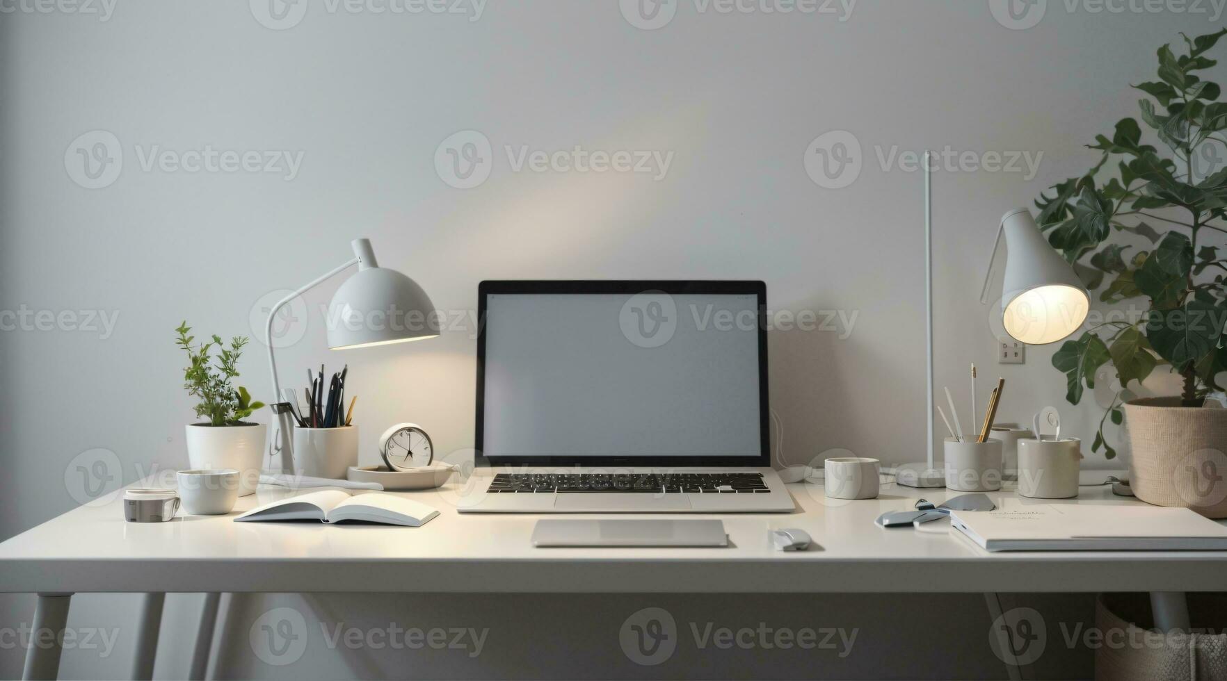 minimaal huis kantoor bureau opstelling met grijs neutrale kleuren foto