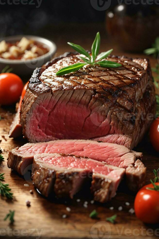 gegrild medium entrecote steak Aan wit bord en houten tafel foto
