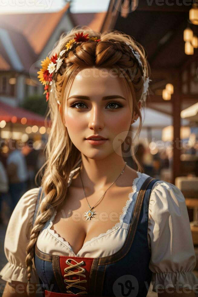 gelukkig Beiers vrouw Holding bier mokken Aan Oktoberfest foto