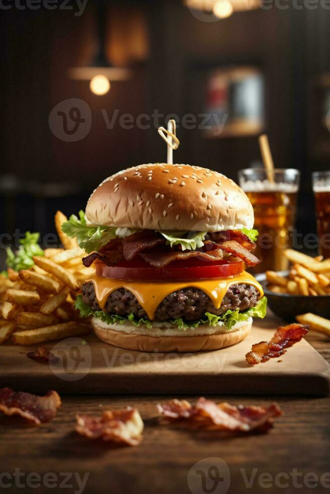 nog steeds leven van heerlijk Amerikaans Hamburger en Frans Patat Aan houten tafel foto