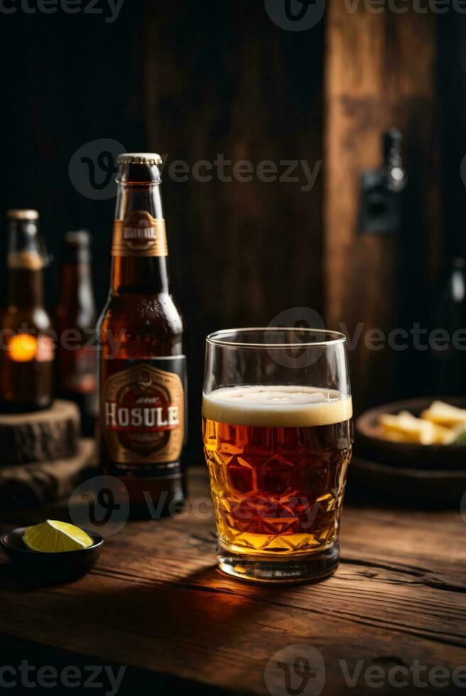 foto van glas bier en snacks met fles in achtergrond in bar