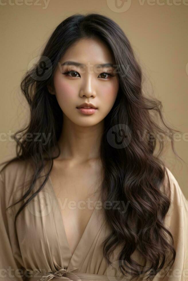 mooi lang haar- Koreaans vrouw vervelend maken omhoog foto