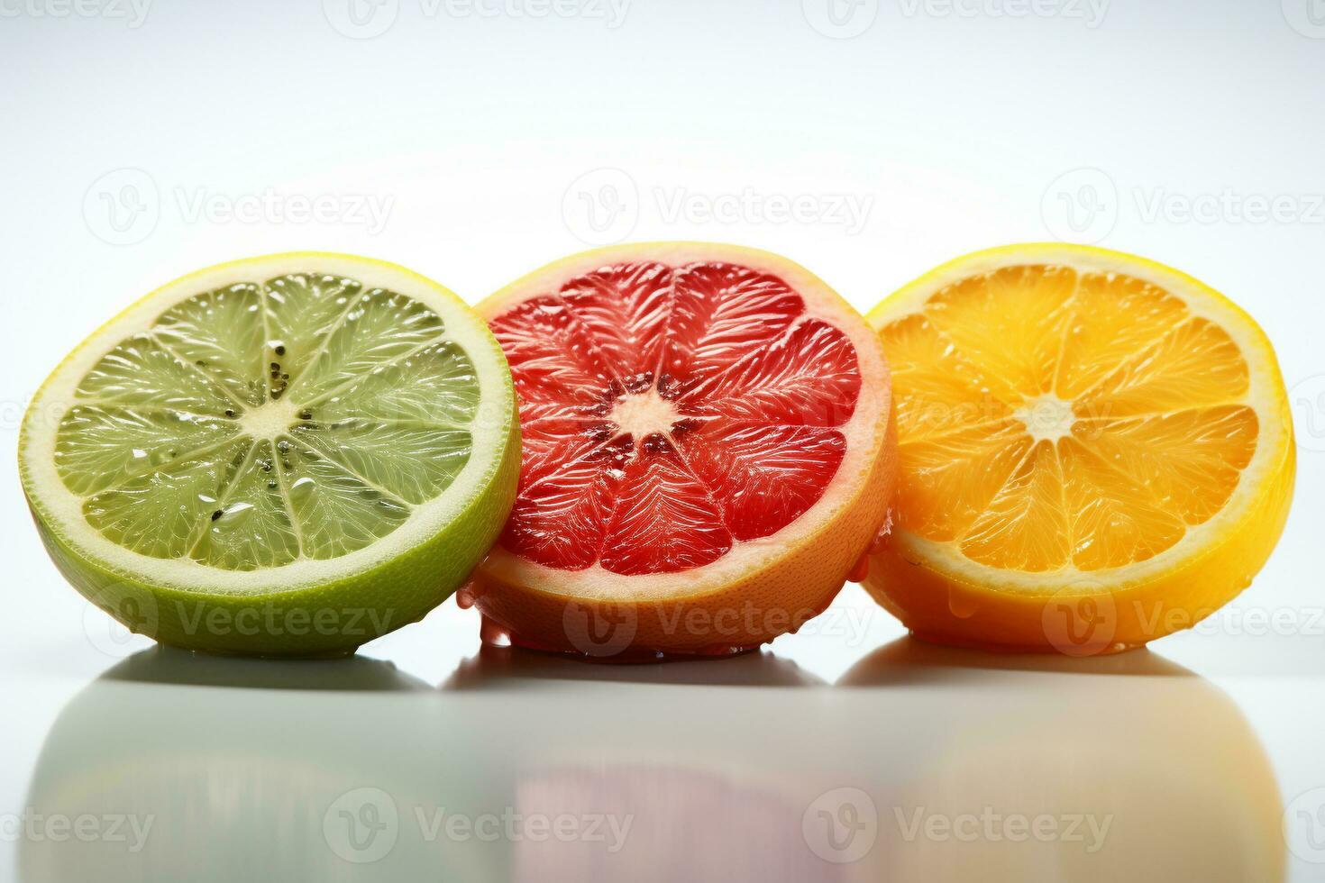 citrus fruit plakjes staand Aan een wit achtergrond foto