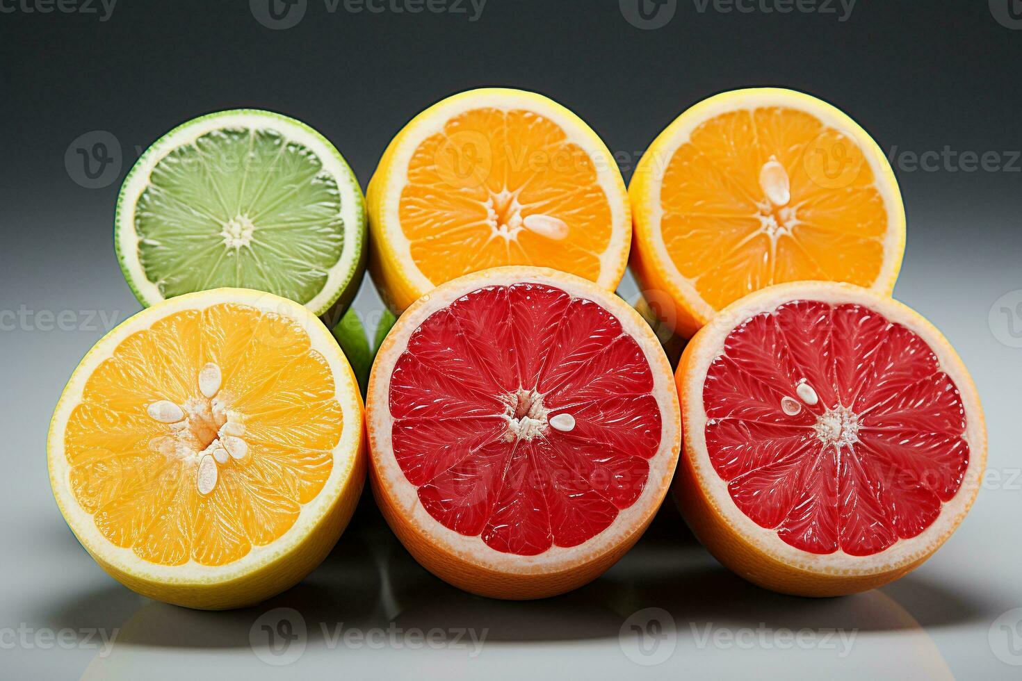 citrus fruit plakjes staand Aan een wit achtergrond foto