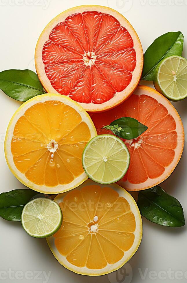 citrus fruit plakjes staand Aan een wit achtergrond foto