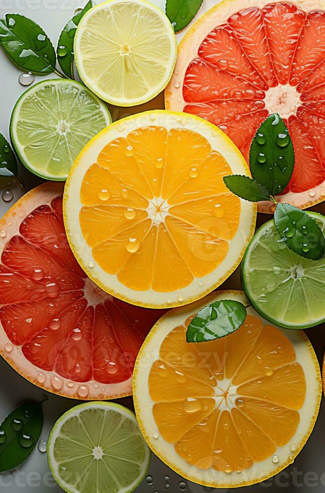 citrus fruit plakjes staand Aan een wit achtergrond foto