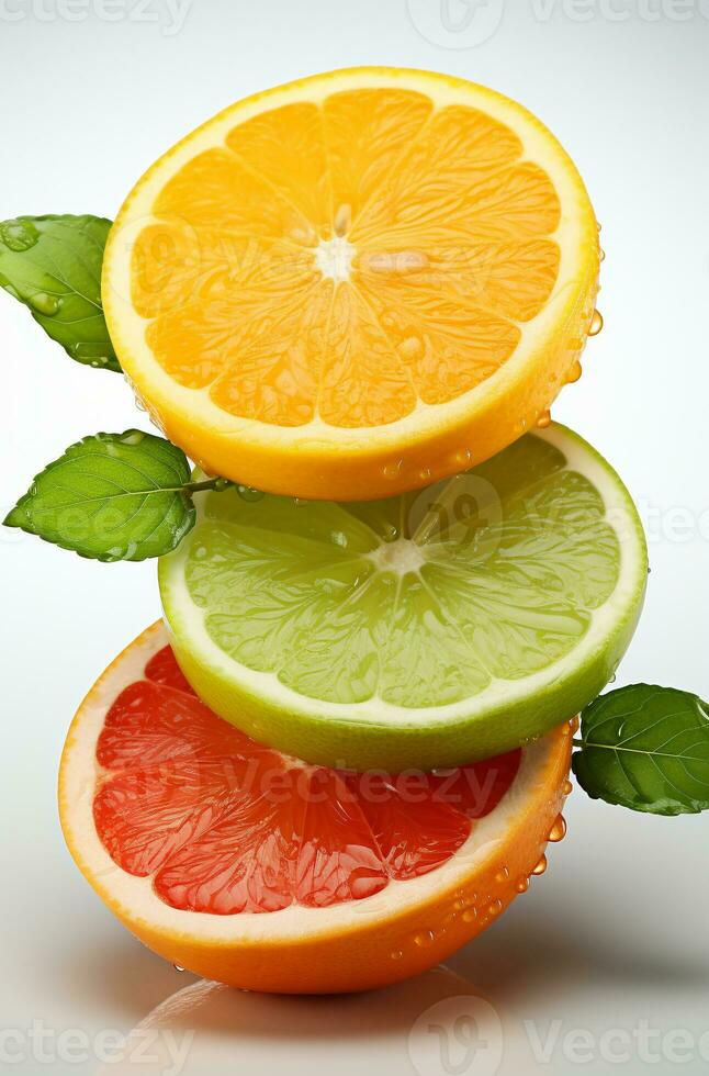 citrus fruit plakjes staand Aan een wit achtergrond foto