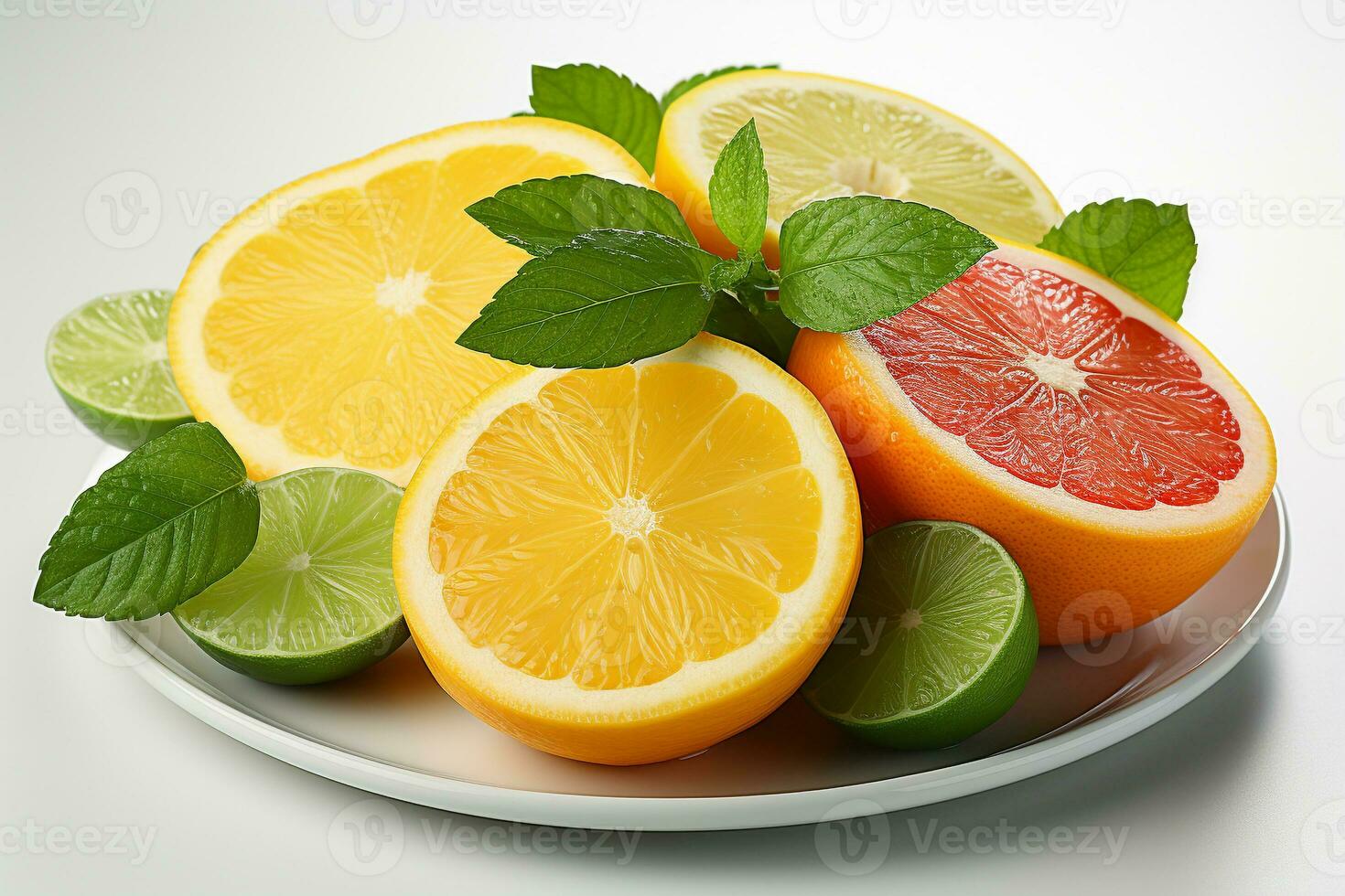 citrus fruit plakjes staand Aan een wit achtergrond foto