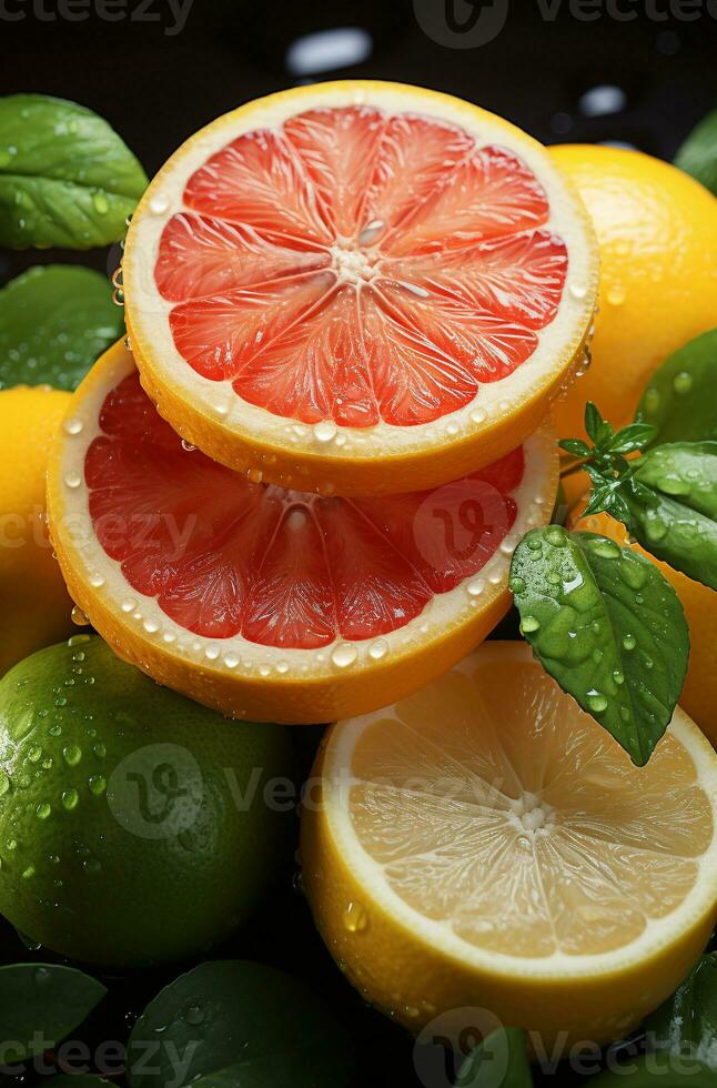 citrus fruit plakjes staand Aan een wit achtergrond foto