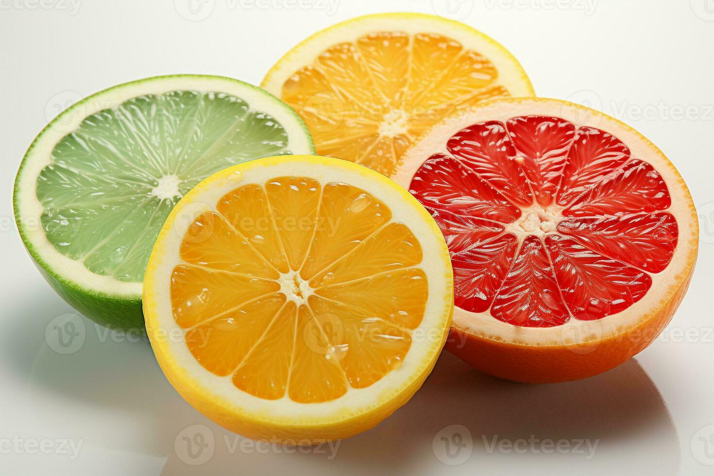 citrus fruit plakjes staand Aan een wit achtergrond foto