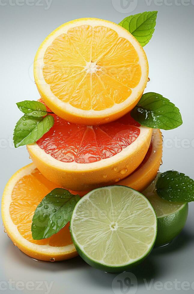 citrus fruit plakjes staand Aan een wit achtergrond foto