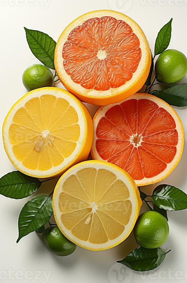 citrus fruit plakjes staand Aan een wit achtergrond foto