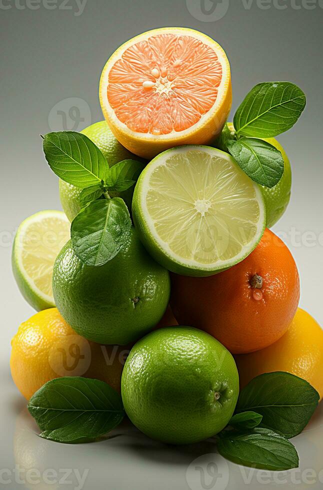 citrus fruit plakjes staand Aan een wit achtergrond foto