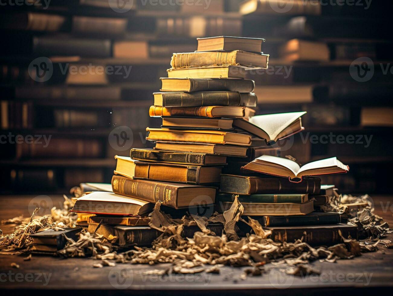 oud boeken Aan houten tafel in bibliotheek generatief ai foto